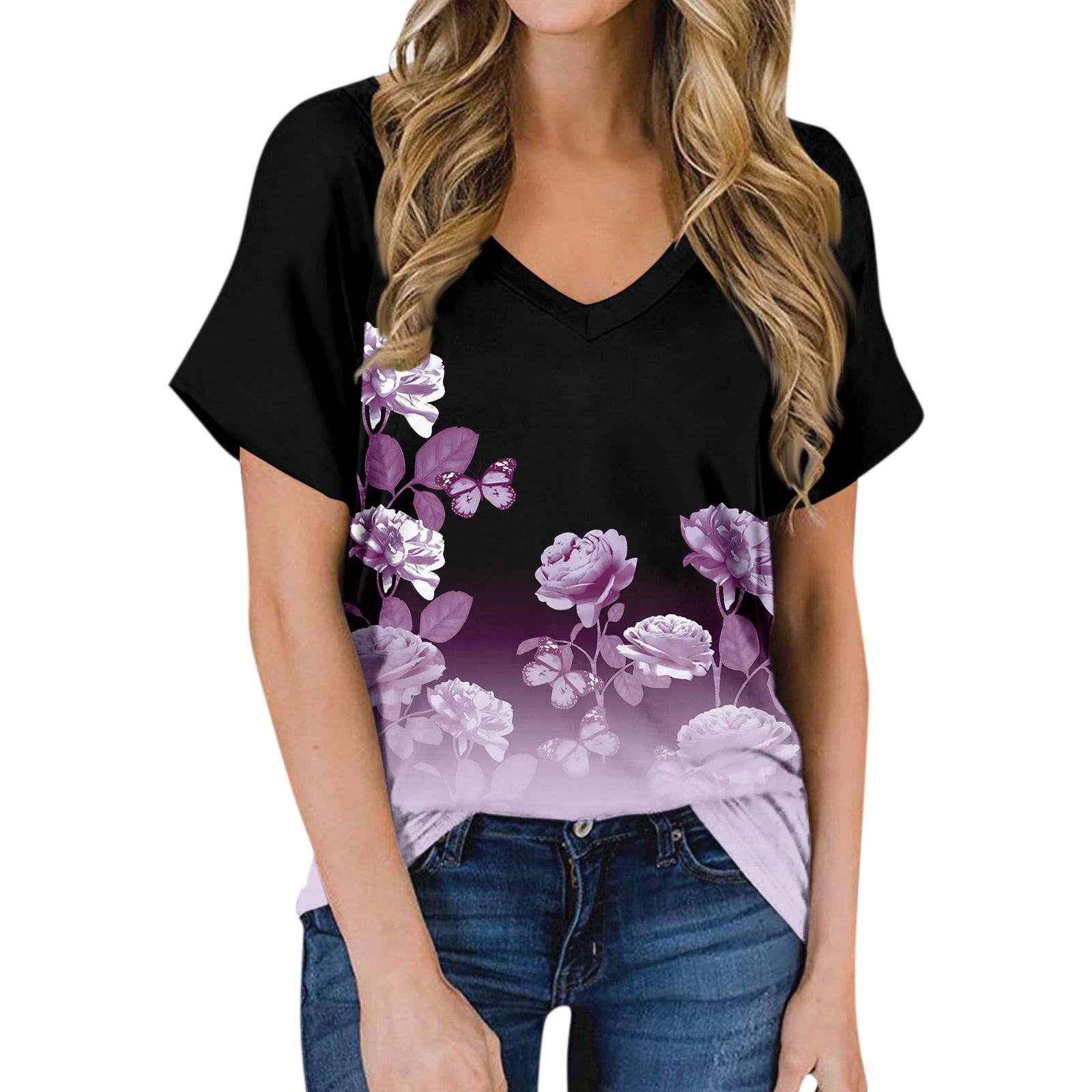 

Женская летняя модная повседневная блузка с V-образным вырезом и коротким рукавом с принтом XXL