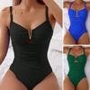 Women One-Piece Swimsuit Summer Deep V-Neck Pleated Solid Color Monokini Quick-Drying Swimwear Beachwear