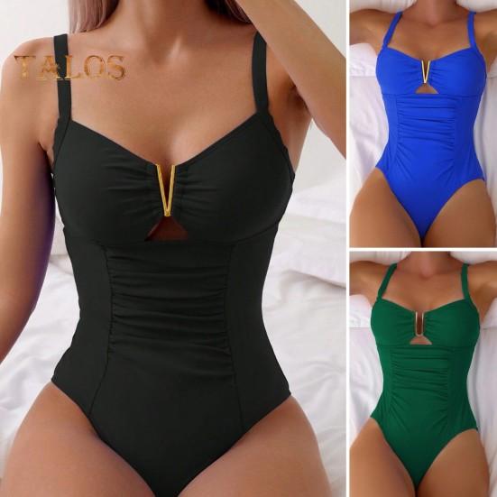 Einteiliger Badeanzug für Damen, Sommer, tiefer V-Ausschnitt, plissiert, einfarbig, Monokini, schnell trocknende Badebekleidung, Strandmode