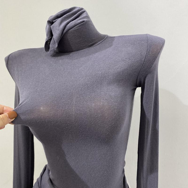 Tenké Měkké Americké Tričko s Dlouhým Rukávem Vysoký Stojáček Přiléhavé Perspektivní Spodní Tričko Dámské Slim Fit Top Sexy Streetwear