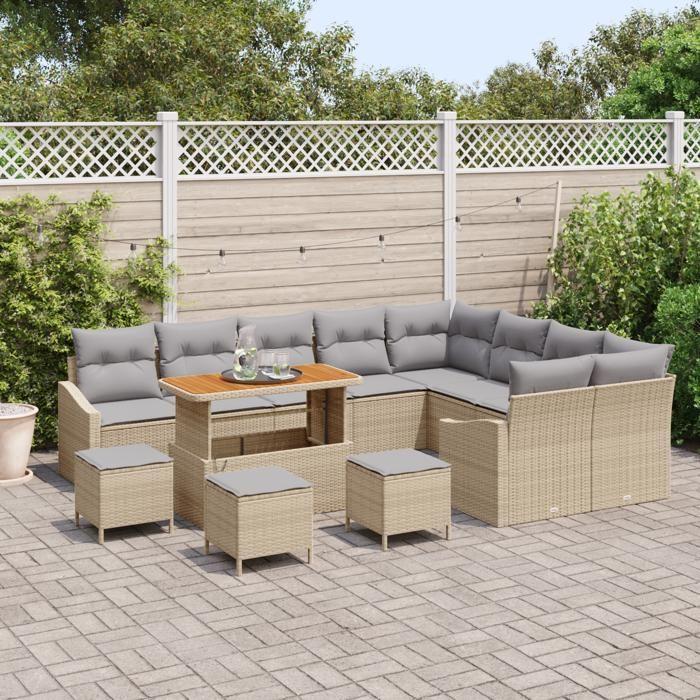 Ensemble de Canapé de Jardin vidaXL de 13 pièces avec Coussins Beige Poly Rattan Acacia 3362702