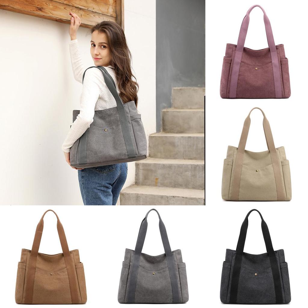 Canvas Tote Bag For Women With Zipper Pockets And Retro Style For Daily Use