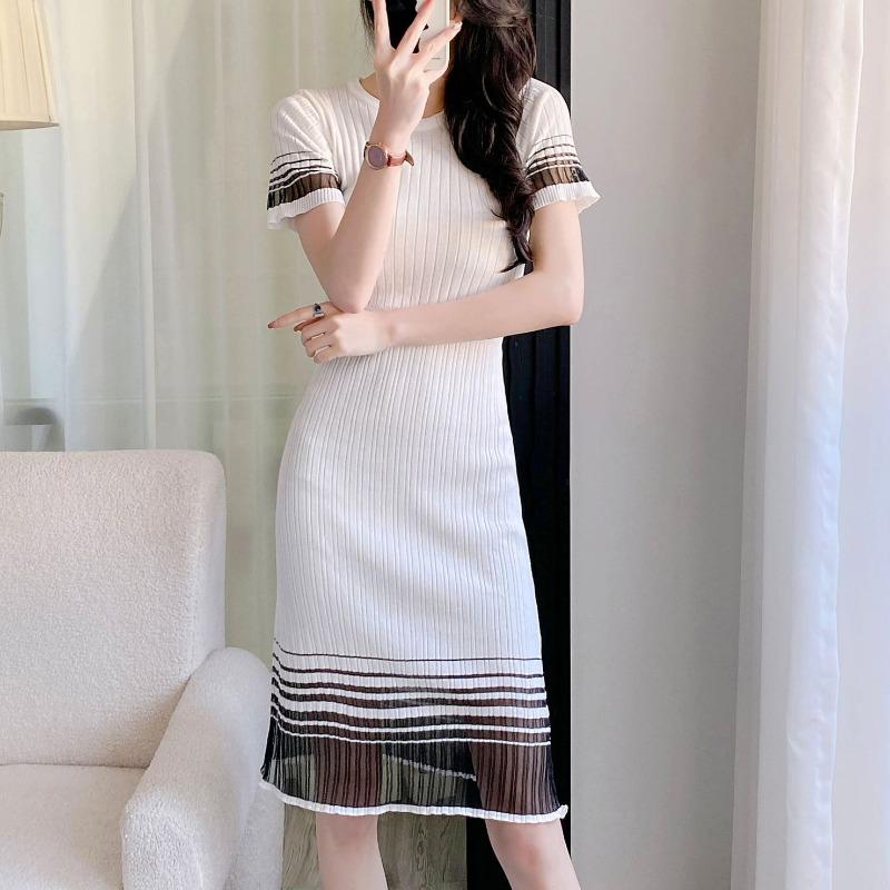 

Женская мода лето весна короткий рукав O-образный вырез тонкий повседневные платья L белый