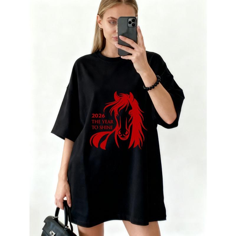 Oversized T-Shirt Black Horse Graphic 2026 The Year To Shine Print Casual Wear For Women Fashion Statement Top Streetwear Trendy Outfit