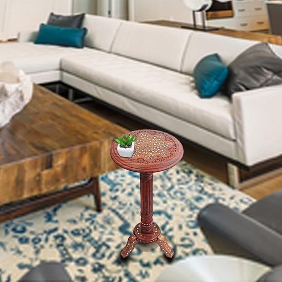 Sheesham Wooden Carved Round Beautiful Design Carved Side Table Coffee Table