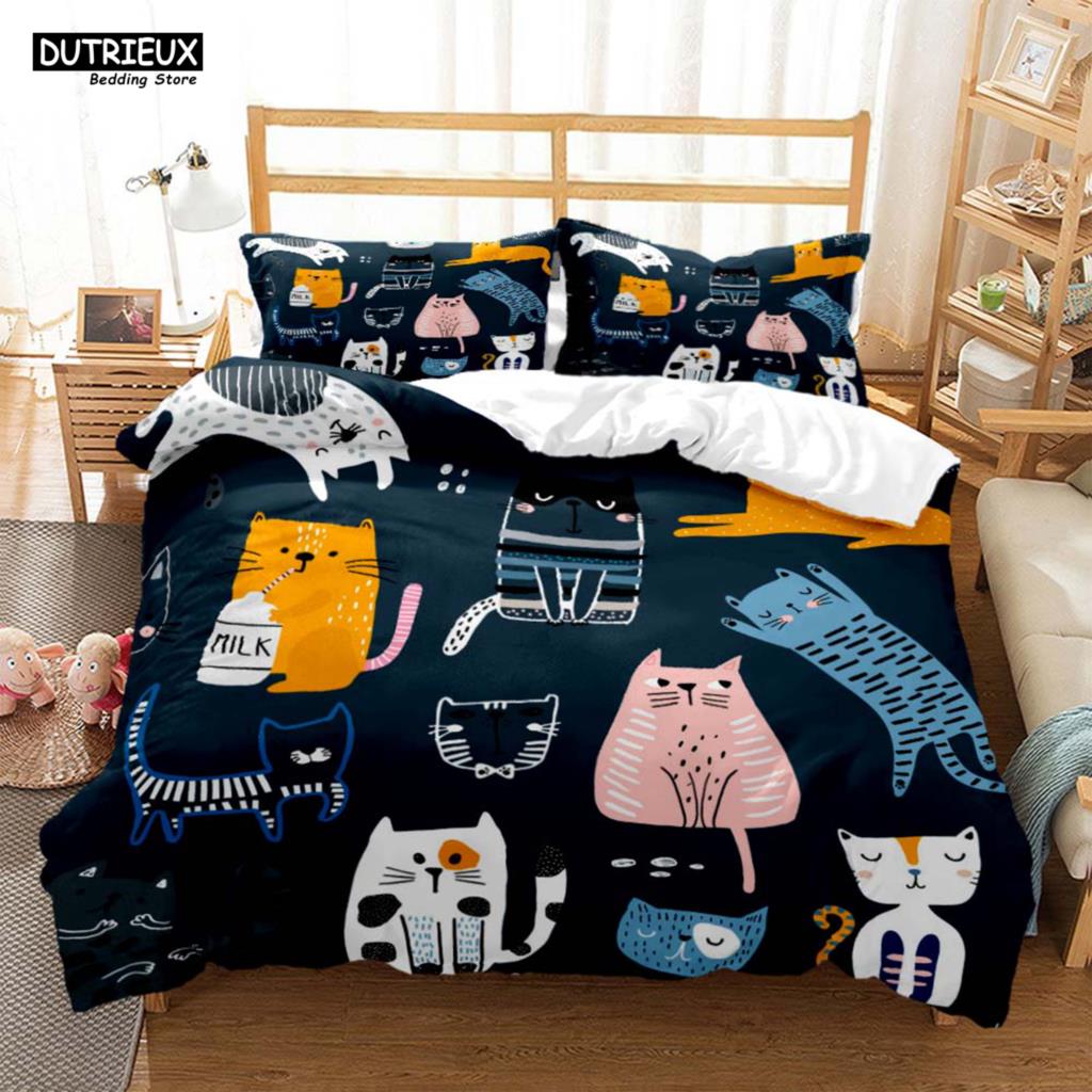 Cute Cat Print Quilt Cover Pillow Cover  Bedding Set Luxury Queen Bedding Set Cute Style Customized  children‘s  Bedding Set