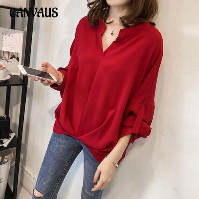 Primavera e outono camisas femininas soltas grandes jardas camisa de manga morcego manga comprida tops camisas casuais simples