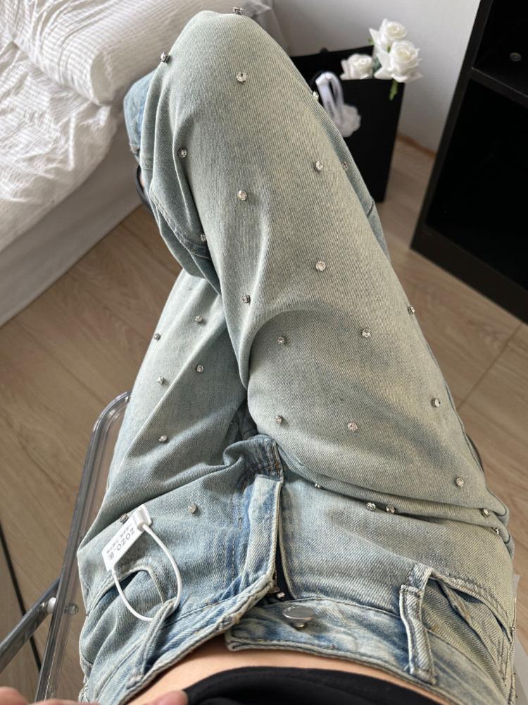 Y2k Harajuku Vintage Baggy Blue Jeans Women Retro Nail Drill Design High Waist Denim Trousers Korean Fashion 90s Aesthetic Wide Pants Streetwear