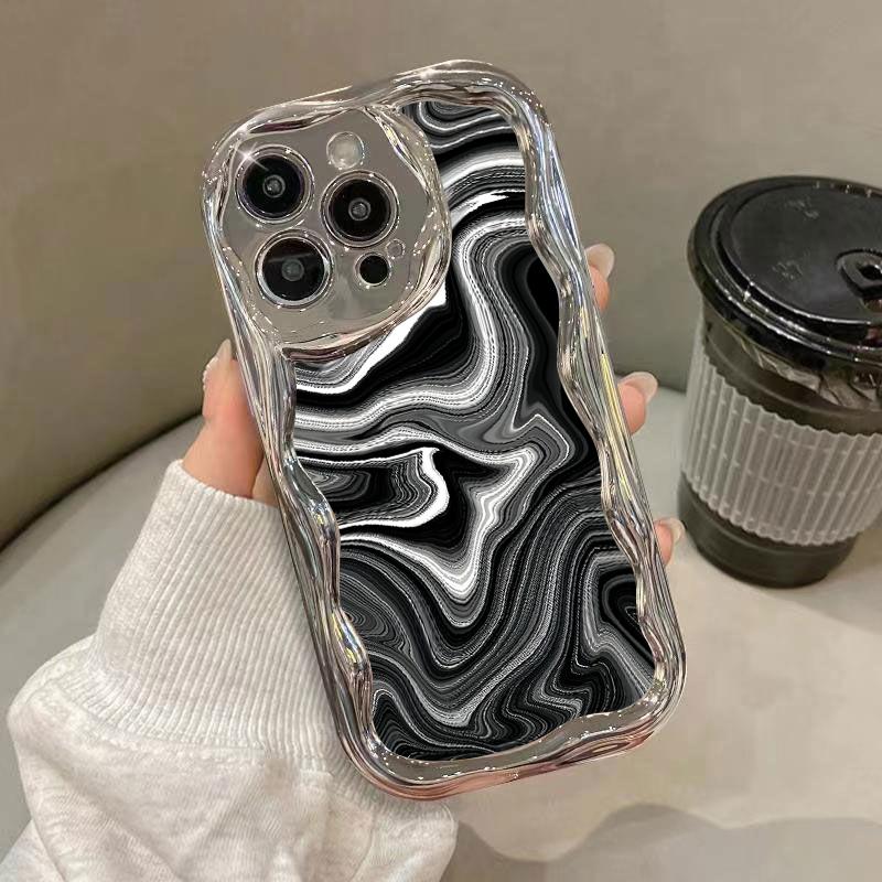 

Чехол с мраморным узором для iPhone 16 Pro 15 14 13 Pro Max 12 11, противоударный, изогнутый, волнистый, с гальваническим покрытием, мягкий, из ТПУ iPhone 15 чёрный/белый