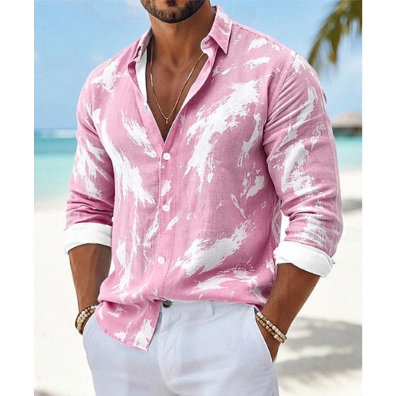 Men Loose Abstract Print Turn Down Collar Long Sleeve Casual Shirt