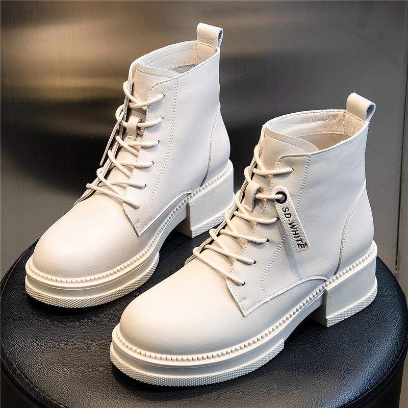 

Leather Martin boots 2025 new British style boots women s autumn and winter medium tube retro thick heel casual short boots women 40 бежевый