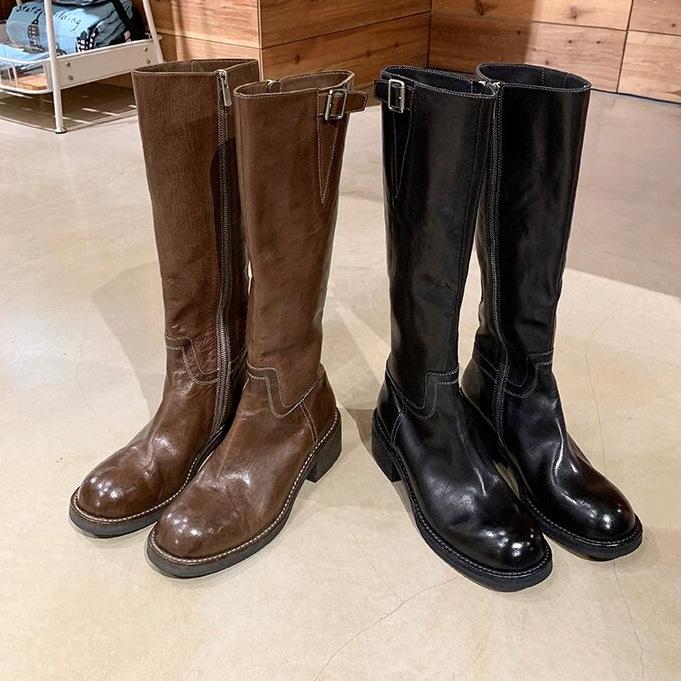 Vintage Washed Leather Slim Side Zipper Thick Heel Knight Boots Women'S Autumn And Winter Tall Boots Long Boots