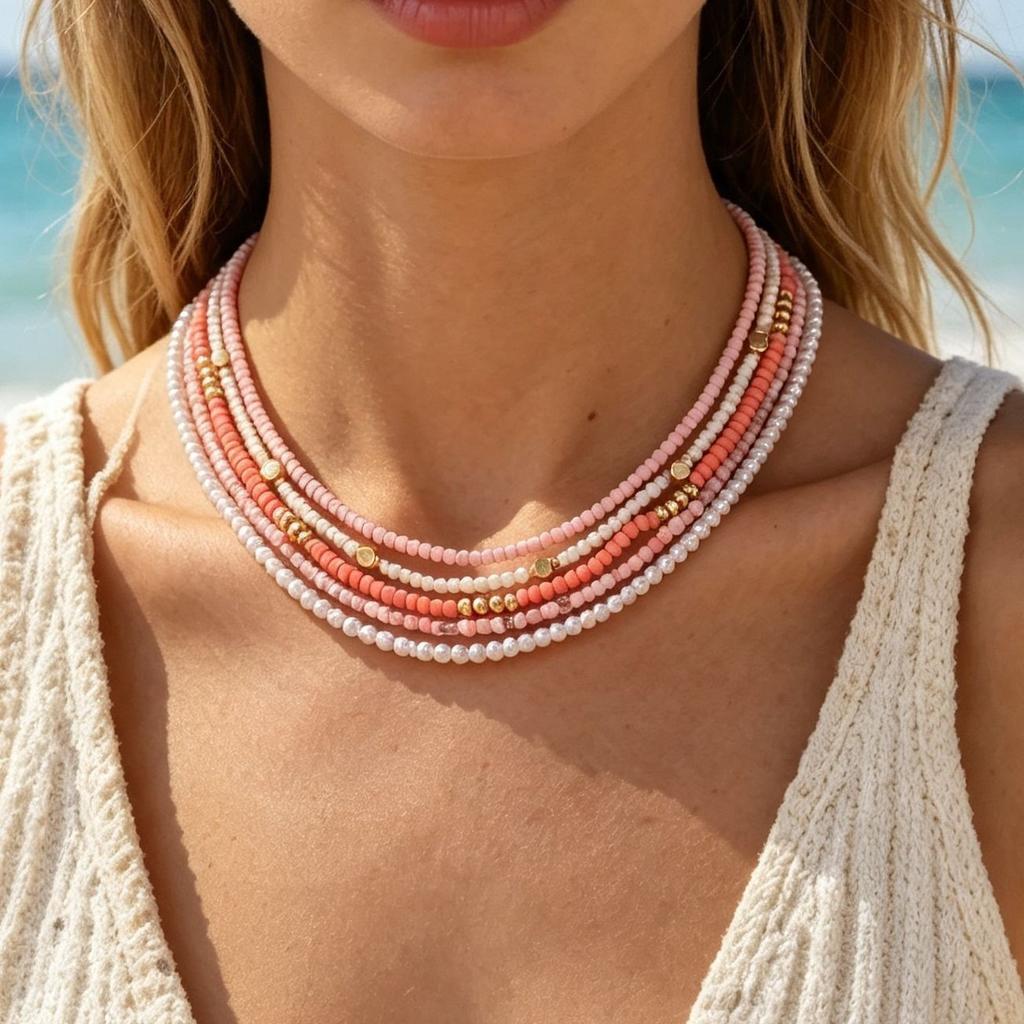 Simple Classic Creative Round Beads Rice Beads Woven Neck Necklace Vacation Wind Beaded Contrasting Color Necklace Collarbone Chain Women