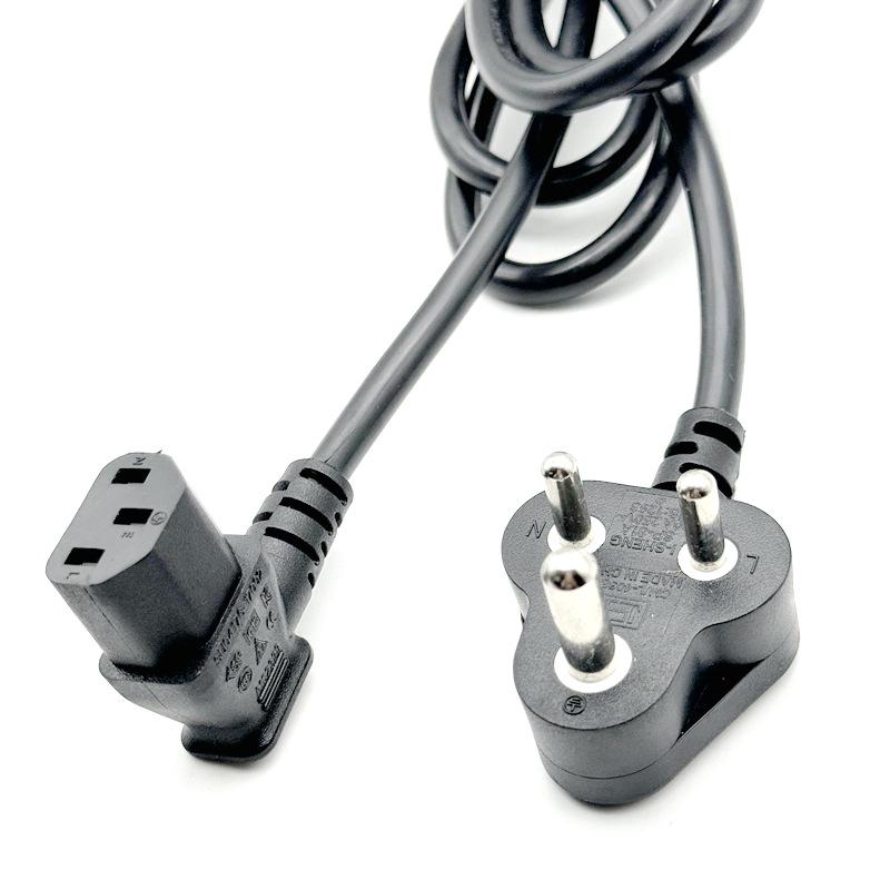 ISI Certified 16A Indian Three-Pin Power Cord with 90° L-Shaped C13 Tail, BIS Standard AC Plug.