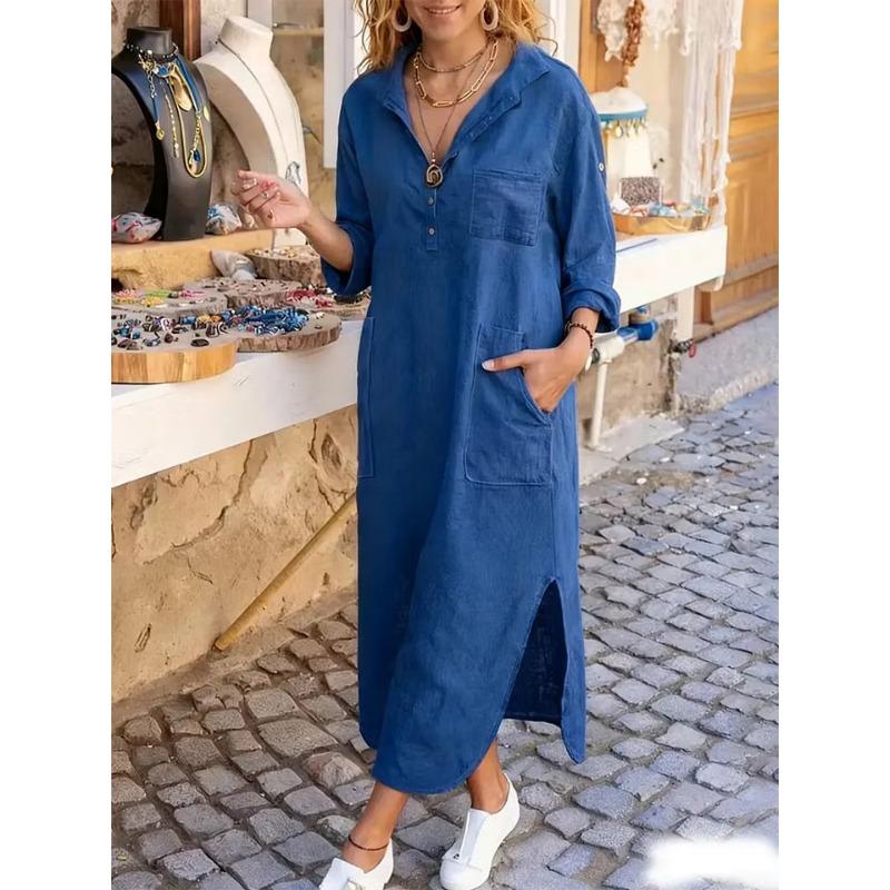 QICED Fashion Summer Spring Solid Color Print V-Neck Long Sleeve Casual Dresses