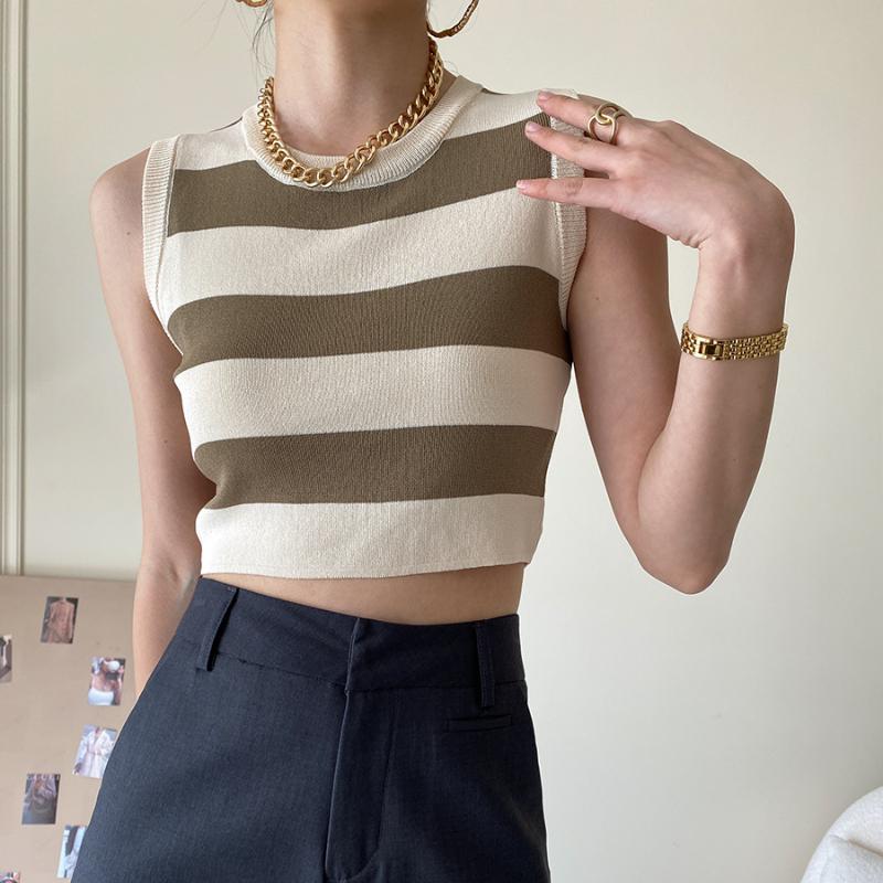 Sexy dámské tílko s žebrovaným úpletem Letní pruhovaný výstřih do O Výstřih bez rukávů Street Vintage Korejská móda Košile Vesta Y2K Oblečení
