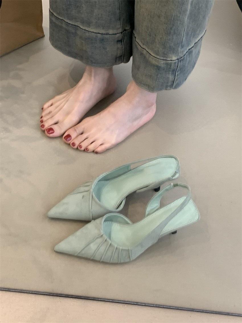 

Французские нишевые зеленые туфли на высоком каблуке 2025 года, весенний темперамент, элегантные замшевые босоножки с заостренным носком и неглубокой шпилькой 40 светло-зеленый