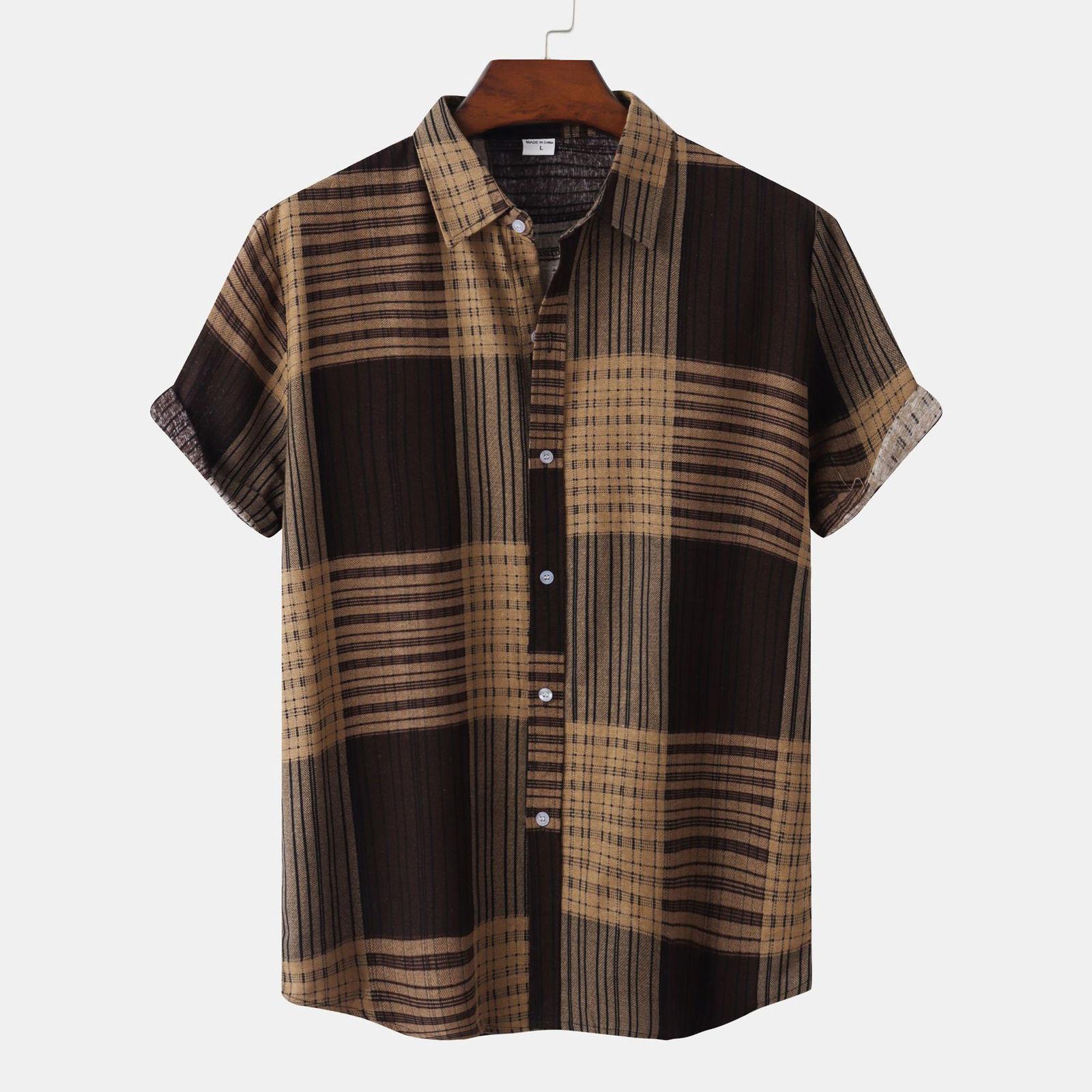 

Мужская летняя повседневная хлопково-льняная рубашка с короткими рукавами и принтом, клетчатый топ с лацканами L коричневый
