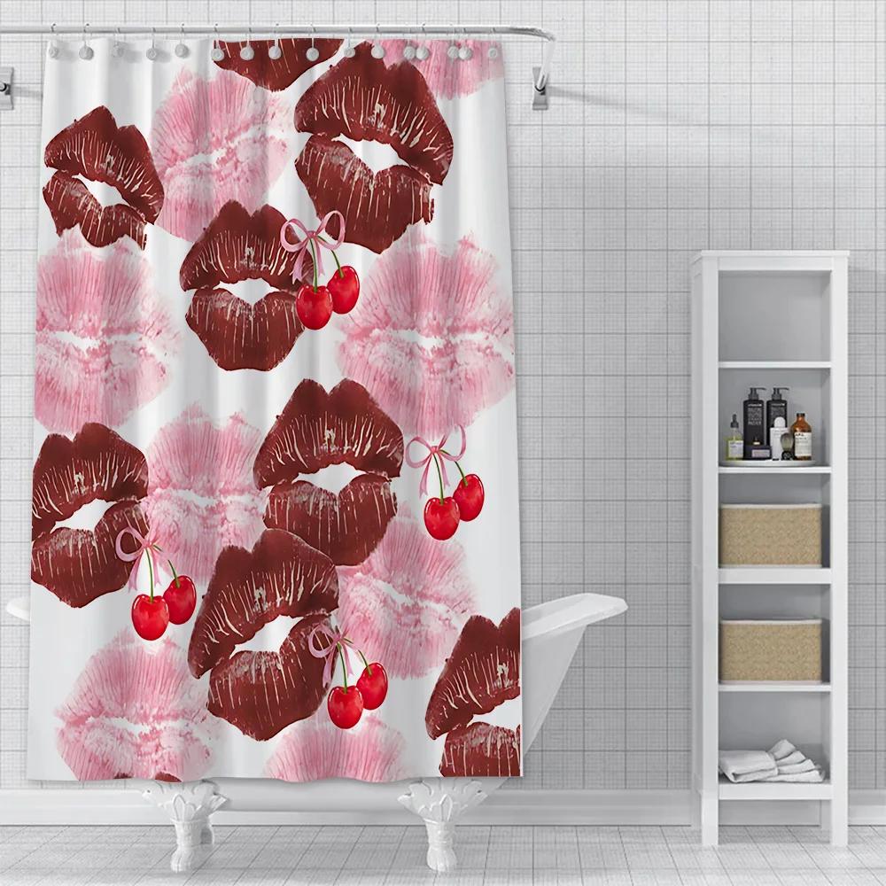 Charming Cherry Shower Curtain - Vibrant Lip & Plaid Designs for Playful Bathroom Décor, Waterproof, Easy Care & Unique Charm