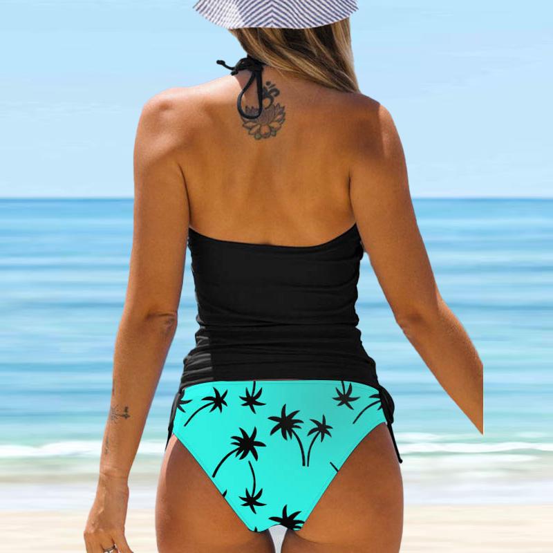 Women's Halter Blue Coconut Tree Print Bikini Tankini Swimsuit
