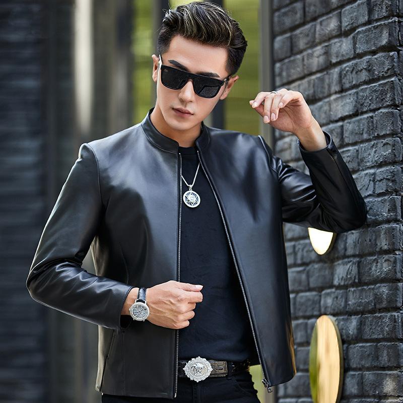 Genuine Leather Jacket Men's Sheepskin Pure Leather Motorcycle Jacket Short Stand Collar Slim Fit Spring and Autumn Jacket