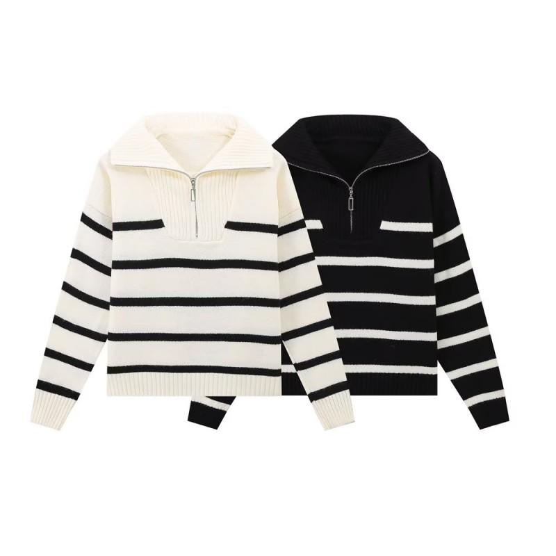 Womens Loose Striped Knit Sweater Collared Long Sleeve Casual Top Fall