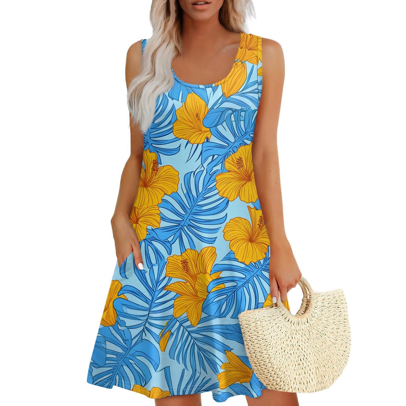 

Женское летнее повседневное платье с U-образным вырезом и цветочным принтом, платье без рукавов с карманами XXXL оранжевый