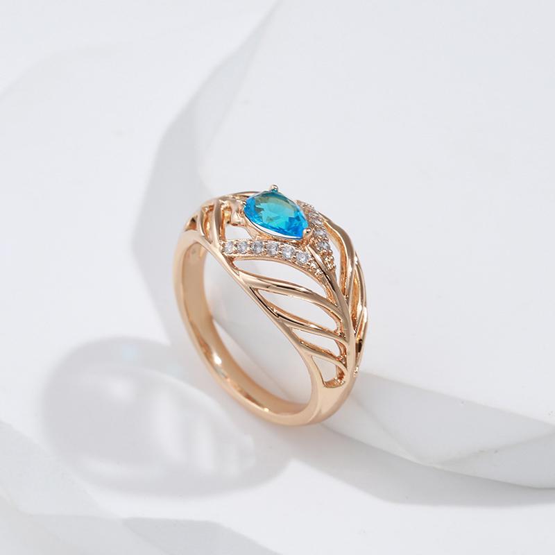 Gold Color Hollow Design Blue Zircon Geometric Rings for Women Vintage Fashion Jewelry