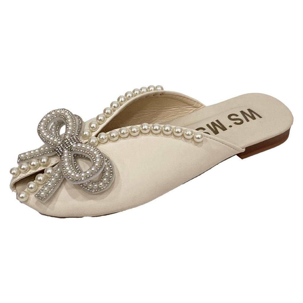 Bow pearl bag head slippers female Korean version round head breathable one pedal home slippers female hollow half slippers female