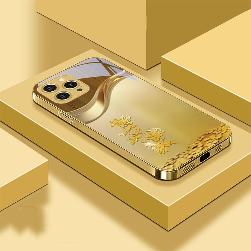 Golden Orchid Flower For IPhone 16 Pro Max 15 P Ro 14 M Ax 13 Plus 12 Mini 11 XS Max XR Golden Tempered Glass Phone Case