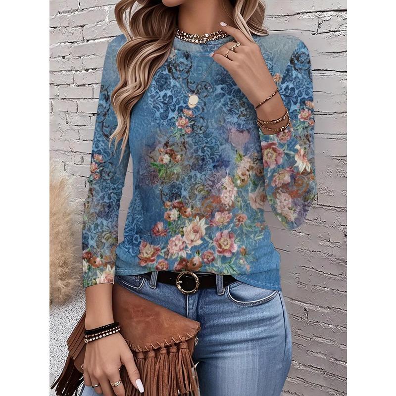 Autumn and Winter Women's Floral 3D Print Crew Neck Long-sleeve T-shirt with Ethnic Style