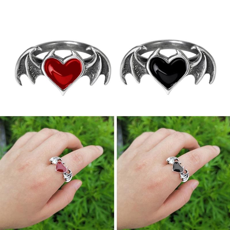 Gothic for Soul Ring Black Red Heart Demon Wing Ring High Polish Finger Ring Wedding Band Cocktail Party Promise Ring