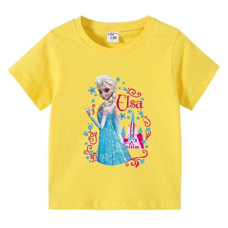 T-shirt Enfant Coton Pur Imprimé Dessin Animé La Reine des Neiges 2026 Tenue Parent-Enfant Coton Pur Multicolore Optionnel Manches Courtes