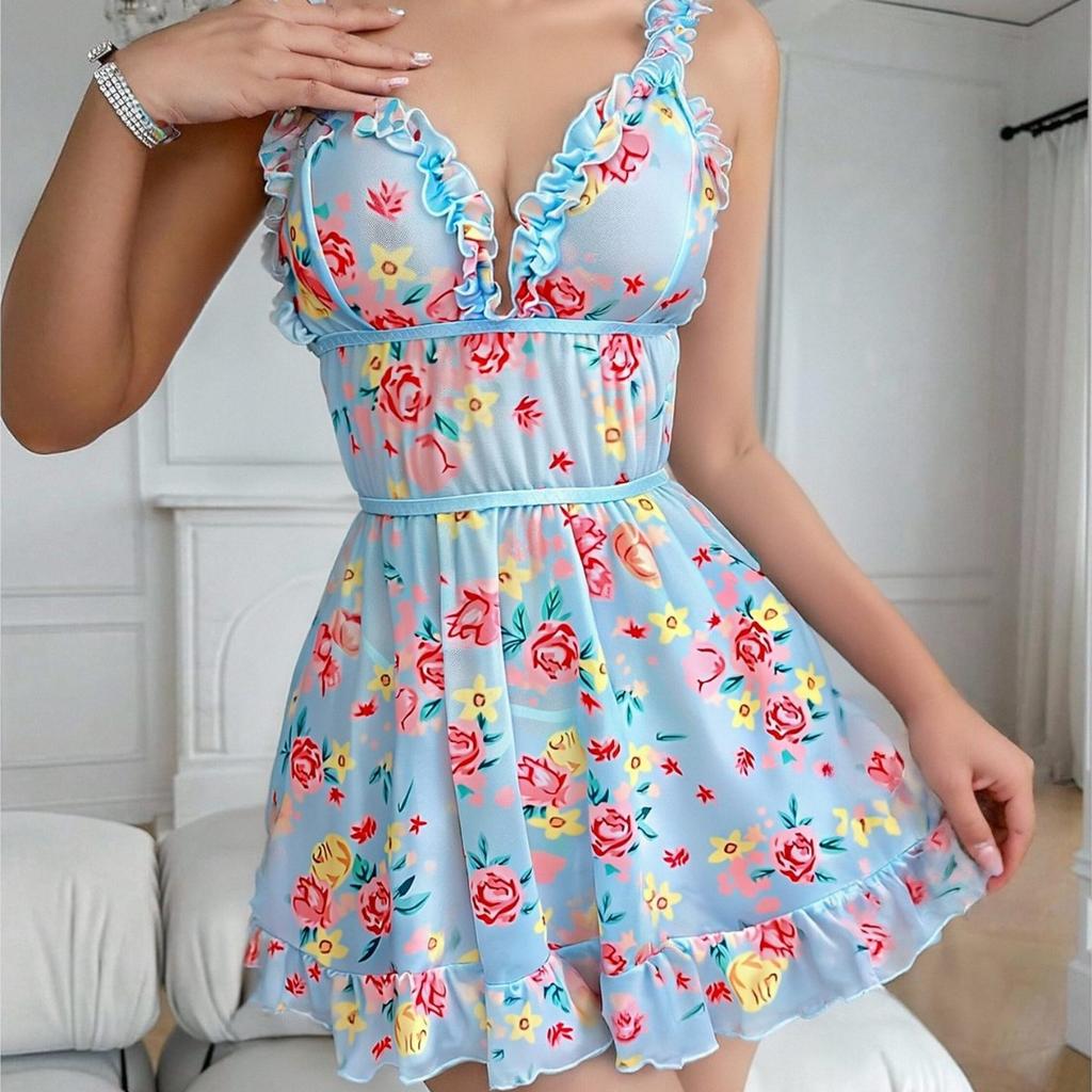 Sexy lingerie women's French retro style print romantic sexy deep V lace slim suspender nightdress