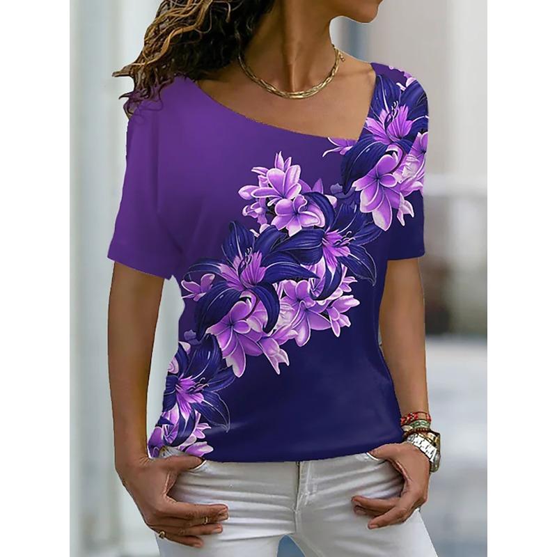 Damski T-shirt z motywem różanym, malowany, z nadrukiem graficznym, z dekoltem w serek, podstawowy top z krótkim rękawem, XS-8XL/Druk 3D