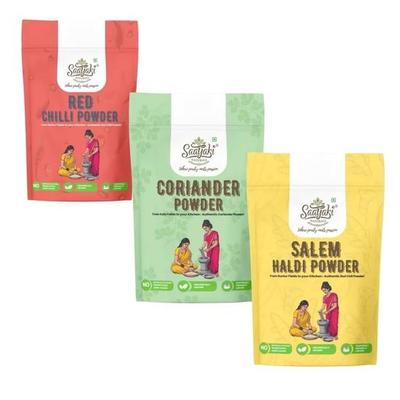 Saatyaki Naturals Bio-Gewürz-Kombipackung 3er-Set – Chilipulver Rot + Kurkumapulver + Korianderpulver – je 250 g | Rein & für die Küche