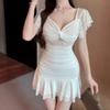 New Arrivals Open Run Women Heart Neck Lace Shirring Mini Dress