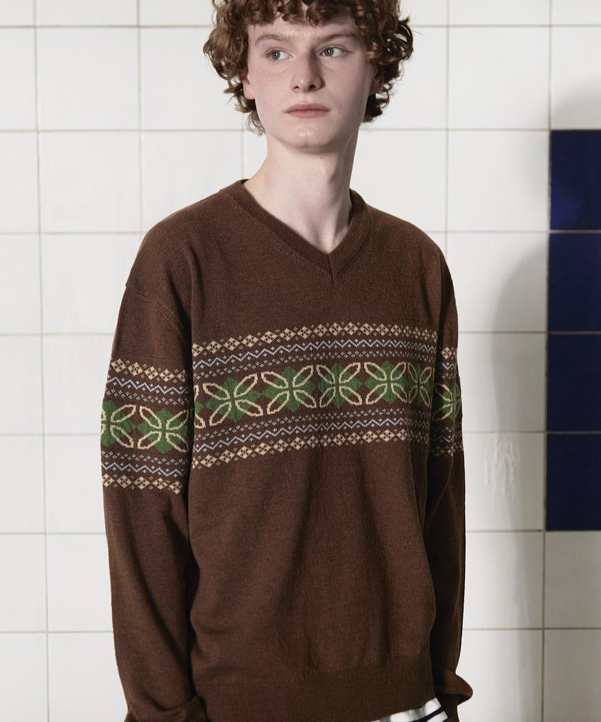 UNALLOYED Clover Argyle V-Neck Knit / Brown