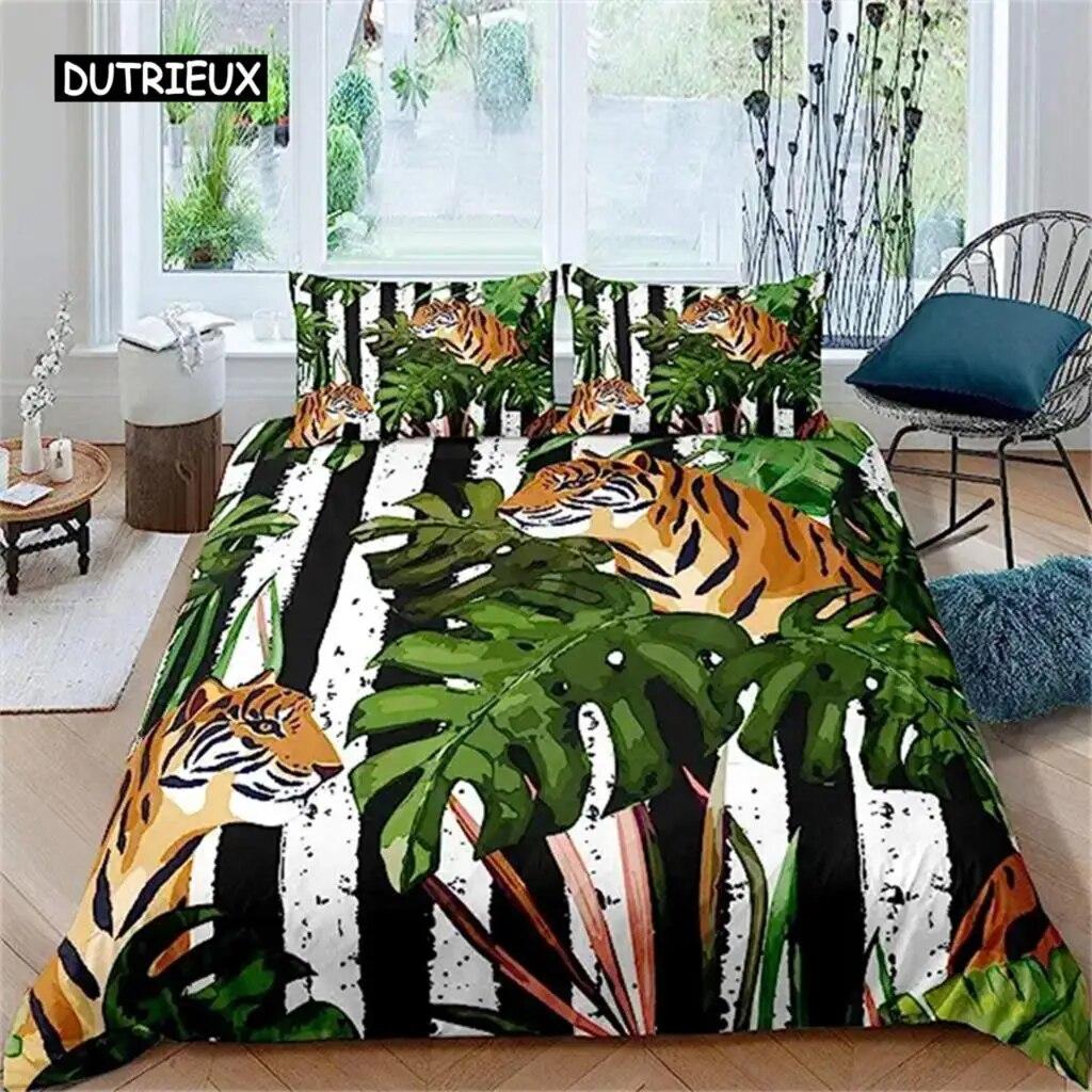 Palm Leaves Duvet Cover Banana Leaves Duvet Cover Hawaiian Tropical Leaves Bedding Set Green Leaves Branches Quilt Cover Women  Three-piece Set
