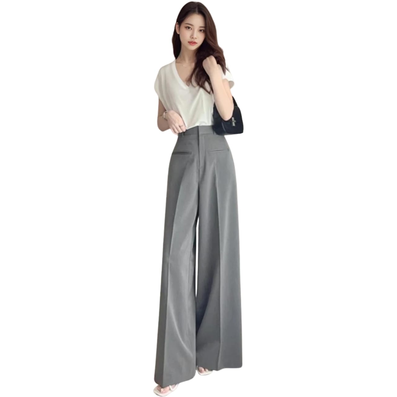 

J-Scott Women s Wide-Leg Pants, High-Waisted, Long Legs, Faux Pockets, Center Line, Neat Look, Gray, JS168-GY-S (Limited Stock)