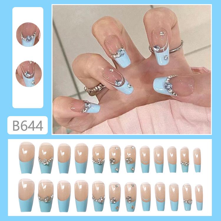 

B644 French Removable Nail Art - Little Red Book Flashy False Nails B644-Light Blue Glitter Diamond [Glue Version]