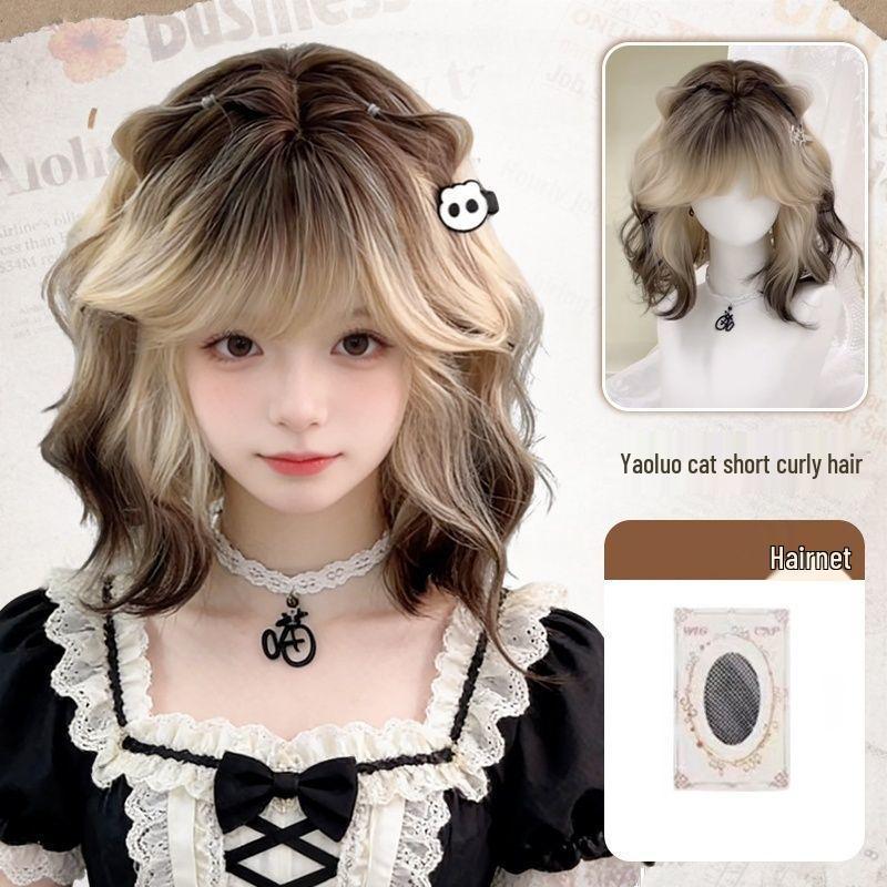 Siamkatze Schwarz-Gold-Farbverlauf Lolita-Perücke - Kurzes lockiges Haar, Vollkopfbedeckung