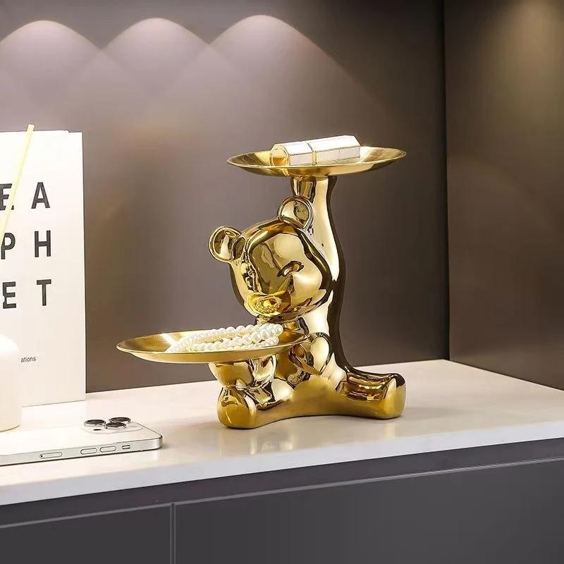 Ceramic Electroplated Bear Figurine Cute Animal Decor Statue Gift Box Storage Jewelry Holder Home Office Desk Wedding Ornament