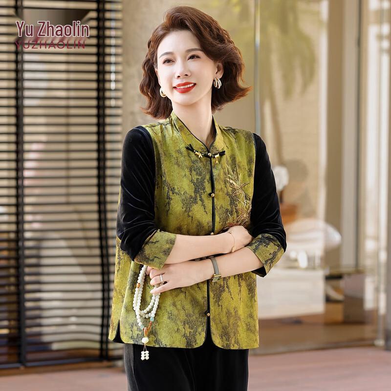 YUZHAOLIN Mom s Golden Velvet Chinese Style Vest & Top Sets 5XL