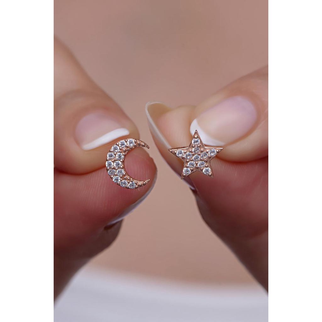 925 Sterling Silver Tiny Crescent Star Model Earrings
