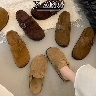 Sapatos femininos de veludo de vaca super macios na sola, outono novo, com bico de bolsa, chinelos de meio pé, um pedal, sapatos únicos