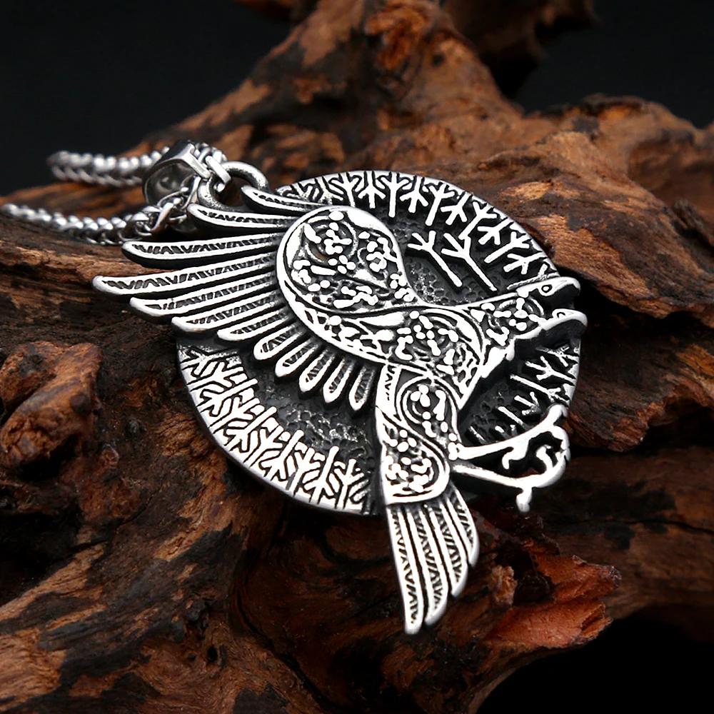 Punk Vintage Nordic Odin Crow Necklaces For Men Women Stainless Steel Viking Rune Pendant Amulet Jewelry Gifts Dropshipping
