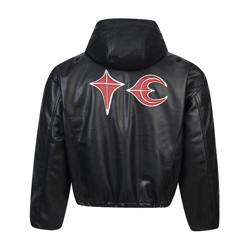 EastRogue American Retro PU Leather Star and Moon Patch Embroidery Zipper Jacket