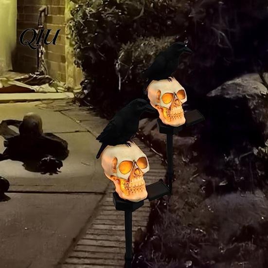 Weatherproof Solar Lights for Outside LED Crow Skull Light, Waterproof Halloween Pathway Gothic Powered Lighting on Skeleton Head Stake Lamp