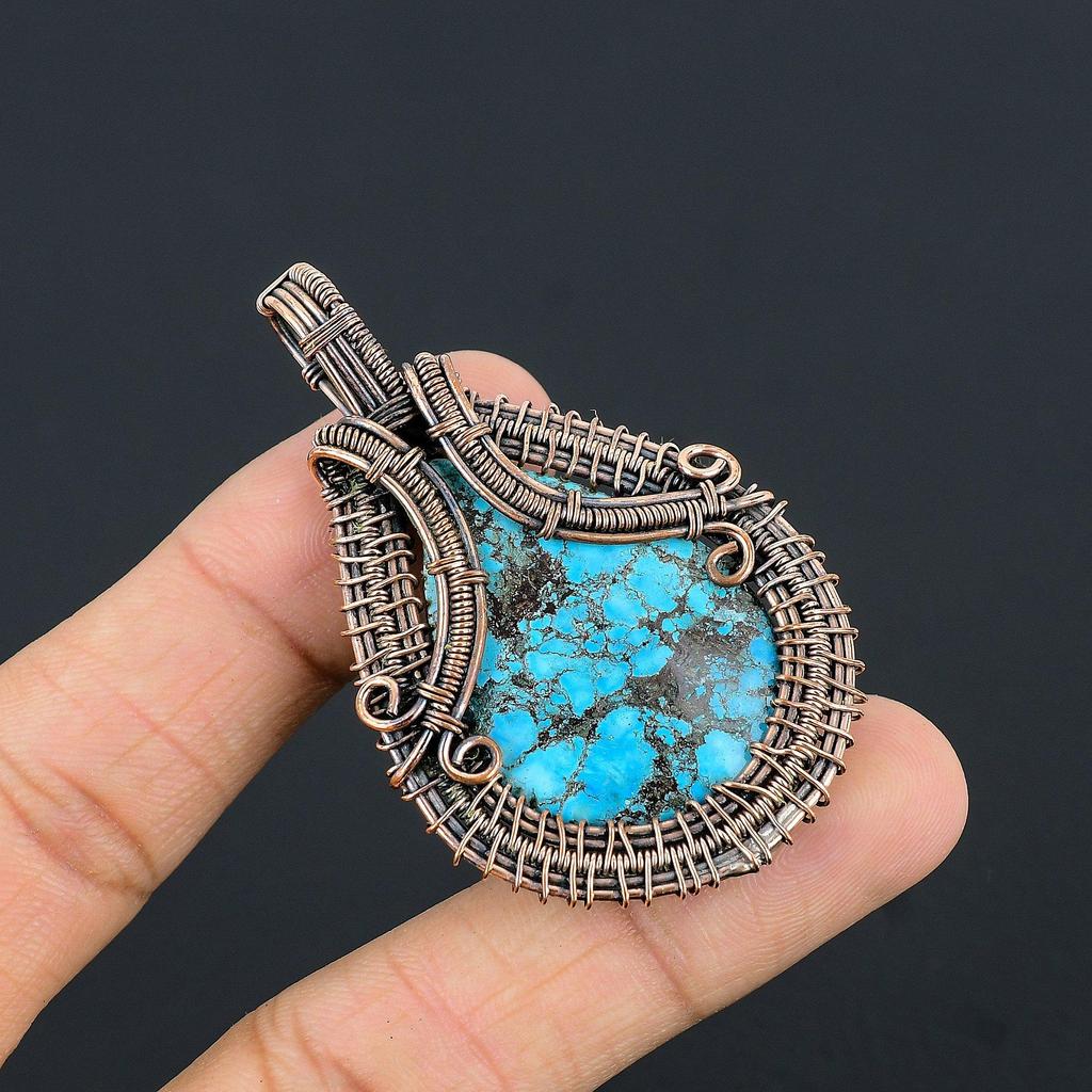 Tibetan Turquoise Pendant, 999 Copper Wire Wrapped Gemstone Jewelry, Handmade Pendant, For Thanksgiving